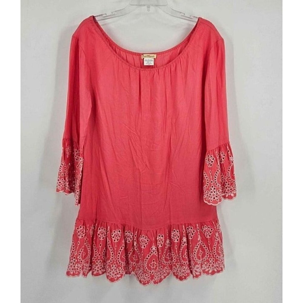 Sweet Magnolia Tunic Top Coral Ruffle Bell Sleeve Hem White Eyelet Embroidery Sm